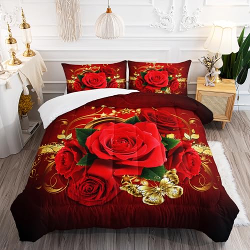 Image of AILONEN Red Rose Comforter Set Queen Size, Romantic Love Floral Theme Bedding Set,Red Flower Couple Lover Comforter 3 Pieces Bed in a Bag, 1 Quilt and 2 Pillowcases
