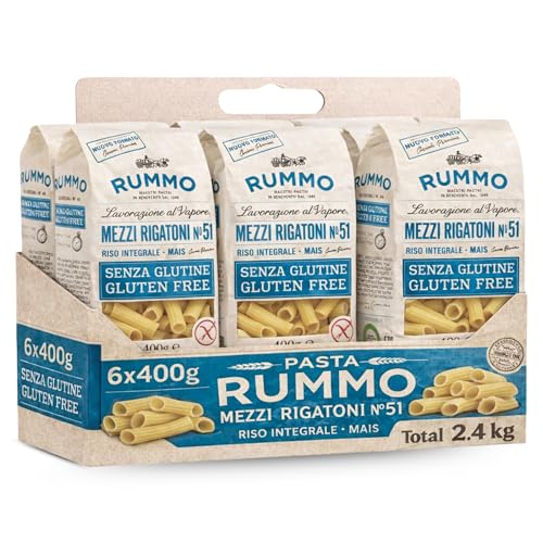 Pasta Rummo Mezzi Rigatoni SIN Gluten nº 51, Pasta Italiana, Pasta alimenticia con harina de arroz integral y maíz, Sin gluten, Elaboración lenta, 6 Paquetes de 400 gr