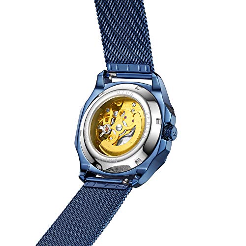 Kredo Men OTUS Malik Blue Mechanical Automatic Skeleton Analogue Self-Winding Water Resistant Stainless Steel Wrist Watch-KW078 | Octagonal Dial Mesh Strap | Designed in Amsterdam - Image 4