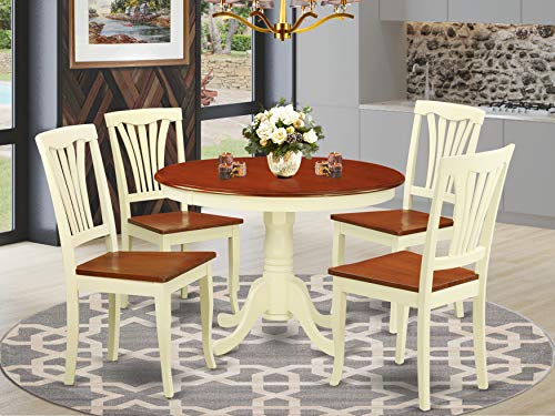 East West Furniture 5-Pc Kitchen Table Set Included a Round Dining Table and 4 Dining Room Chairs - Cherry Solid Wood Dining Chairs Seat & Slatted Back - Buttermilk Finish East West Furniture 5-Pc Kitchen Table Set Included a Round Dining Table and 4 Dining Room Chairs - Cherry Solid Wood Dining Chairs Seat & Slatted Back - Buttermilk Finish
