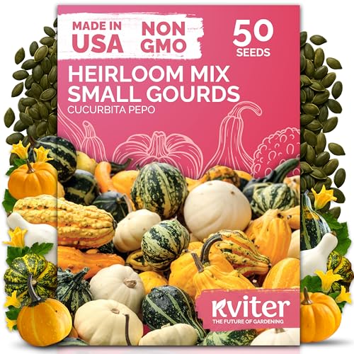 KVITER 50 Small Gourd Seeds Mix (Cucurbita Pepo) Ornamental Fall Decor Gourds Non GMO Perfect Heirloom Seeds for Planting Decorative Gourds in Vegetable Garden