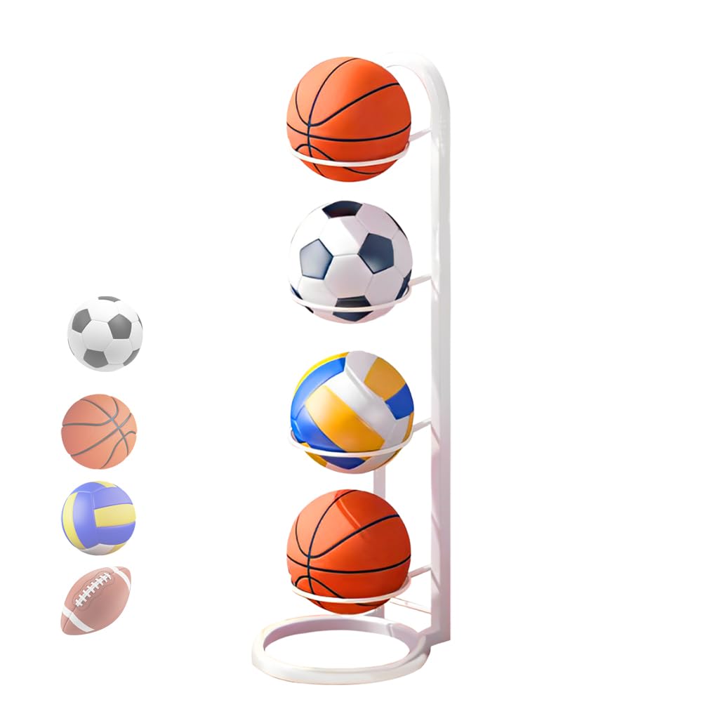 XPJBKC Estante de Almacenamiento de Pelotas, 4 Niveles Soporte de Exhibición Vertical, Soporte para Balón de Fútbol, Soporte de Fútbol Baloncesto Extraíble, Soporte Vertical para Pelotas de Futbol