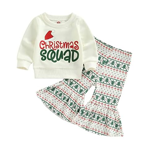 memoriesofu Baby Toddler Baby Girl Clothes Set Long Sleeve Cattle Tiger Pattern Sweatshirt T-Shirt Tops with Bell Bottom Pants 2Pcs Summer Outfits (White Christmas Tree , 6-12 Months ) Cover