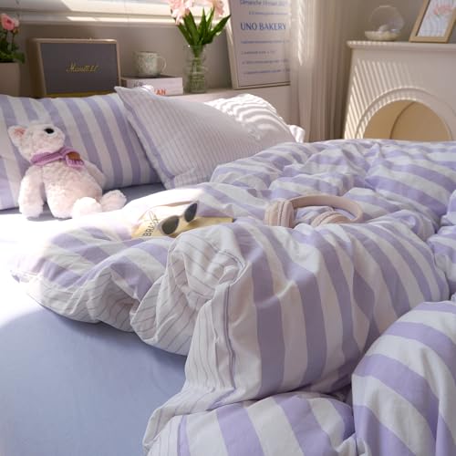 Image of LifeTB Striped Comforter Set Queen, Vintage Purple White Stripes Pattern Printed Bedding Set, Lightweight Soft Striped Bed Comforter with 2 Pillowcases, Farmhouse 3 Piece Comforter Set for All Season