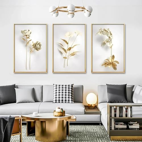 Affiche toile feuilles botaniques dorées pour sublimer un mur blanc sans cadre