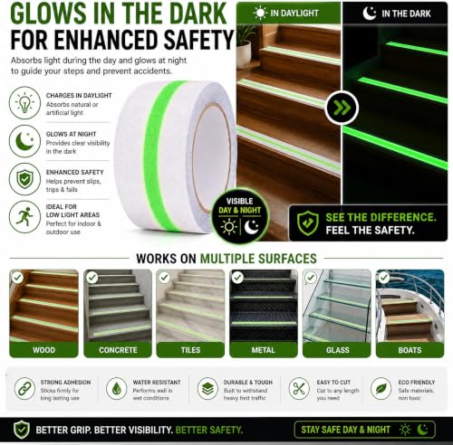 Image of YORWE Anti Slip Stair Tape with Glow in the Dark Strip - Heavy Duty Waterproof Non Slip Traction Tape for Stairs, Steps, Outdoor & Indoor Safety (White and Green, 15 Meter)