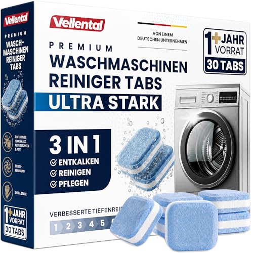 30x Waschmaschinenreiniger Tabs extra starke 3-in-1 Formel gegen Geruch Kalk und Ablagerungen - Waschmaschinen Reiniger für Tiefenreinigung - Waschmaschine Reinigung + 1-Jahres-Vorrat