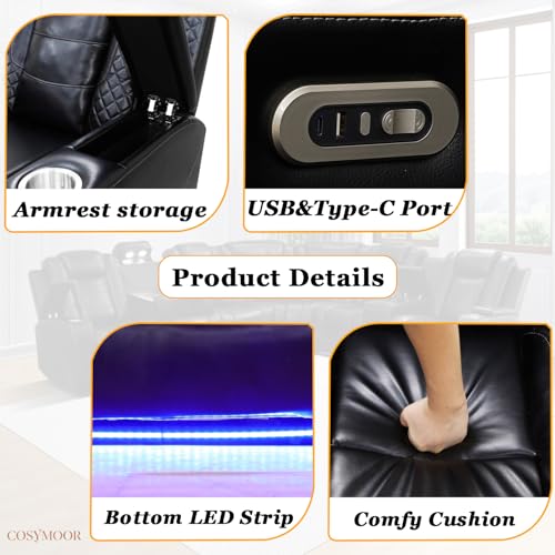 Image of Power Recliner Sectional Sofa Couches with LED Lights for Living Room, Black Leather Wall Hugger Reclining Corner Couch Sets with 4 Home Theater Seat, USB Port, Cup Holder, Storage Console