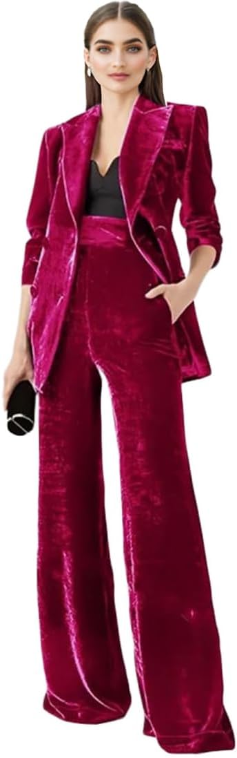 Velvet Suit for Women 2 PC Double Breasted Pants Suit Peak Lapel Formal Tuxedos Womens Business Outfit