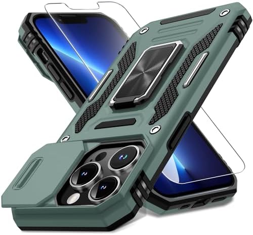 DEERLAMN Custodia IPhone 13/14 6,1'' Con Copriobiettivo Scorrevole, Anello Girevole E 2 Pellicole In Vetro - Antishock Militare
