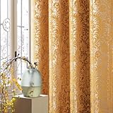 always4u Cortinas de terciopelo estriado amarillo y dorado con estampado de damasco 100 % opacas, 213 cm de largo, 2 paneles de ventana metálica brillante de 137 x 213 cm