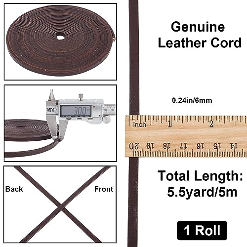 GORGECRAFT 5M Genuine Leather Cord 6mm Wide Flat Cowhide Leather Cord Belt Wrap Single Sided Flat Cord Leather String Roll for Diy Crafts Jewelry Necklace Braided Bracelets - Image 2