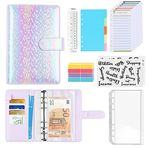 WELTRXE Classeur Budget A6, Enveloppe Budget Planner à 6 Anneaux avec 12 Pochettes Transparentes Zippées pour Bureau, Voyage, Budgétisation (Mauve)