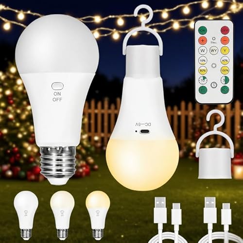 Kambo Bombilla LED E27 recargable USB-C 7W con botón de control, regulable, batería y gancho, iluminación emergencia para interior y exterior, lámpara LED camping, 2 Pieza