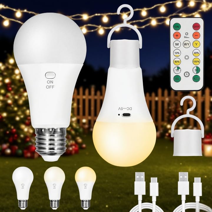 Kambo E27 LED Glühbirne, Wiederaufladbarer Akku mit Fernbedienung, 7W dimmbare Lampe mit Timing-Funktion, 3 Farbtemperaturen, Leuchtquelle für stromlose Umgebungen, Outdoor Camping, 2 Stück