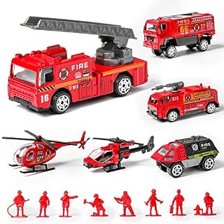 14 Pack Die-cast Fire Truck Vehicles Sets,6 Pack Assorted Alloy Metal Fire Engine Models Car Toys and 8 Pack Firefighter,Mini Rescue Emergency Playset for Kids Boys