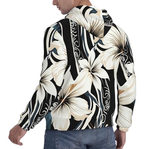 Men's Fleece Pullover Hoodie Long Sleeve Hooded Black and white hawaiian flowers Sweatshirt Casual Shirts With Pockets Small4