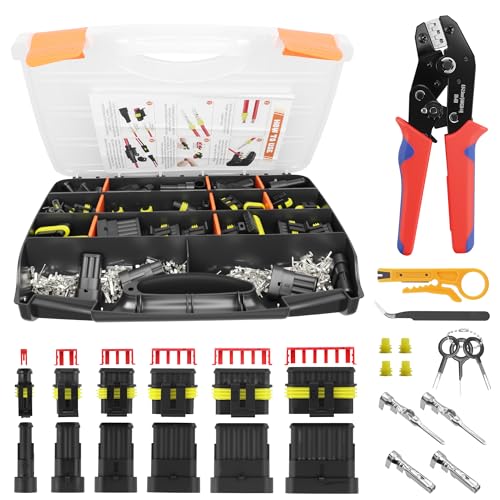 1014pcs 63 Sets Waterproof Automotive Wire Connectors Kit with Ratchet Crimper 1-6 Pin Weather Pack Sealed Electrical Plug IP67 PA66 Marine Quick Disconnect Terminals for Car Truck Boat (20-14 AWG)
