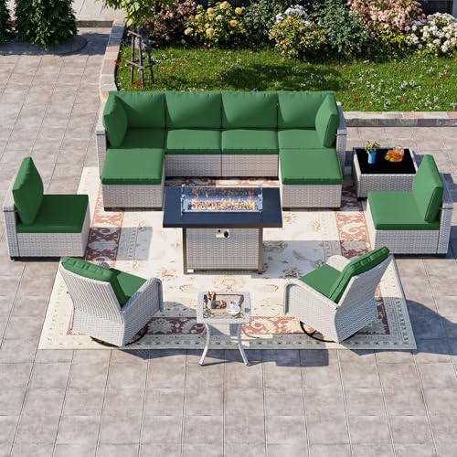 Image of 13-Piece Patio Furniture Set, Outdoor Patio Furniture with Swivel Chairs Set, Ottomans, 55,000 BTU Fire Pit Table, Modular Patio Sofa, Dual-Strand Wicker Rattan, Rust-Resistant Frame, Dark Green