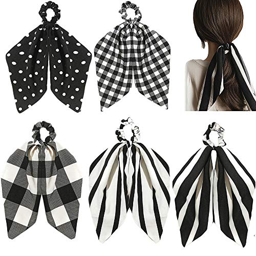 Black White Scarf Scrunchies for Hair Ribbon Ties Bow Scrunchies with tail, Stripe Dots Plaid Elastic Hair Scarf Black Hair Ties Bands Long Ponytail Scrunchies for Women