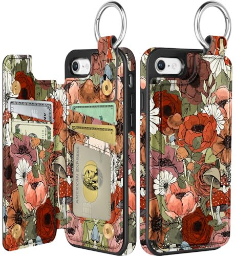 Shorogyt Compatible with iPhone 8/7/SE Wallet Case with Card Holder - Designer Flower Mushroom Pattern Kickstand Magnetic Clasp Back Flip Folio Leather Phone Covers for Women Men Girls
