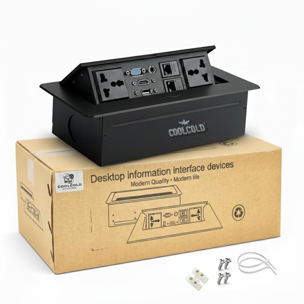 COOLCOLD Hydraulic Cable Cubby 10-Module Pop Up Box for Conference Table– Built-In HDMI VGA Audio LAN USB Ports & Power Socket – Flush-Mount Connectivity Hub for Meeting Rooms, Black – 1 Year Warranty-image-40