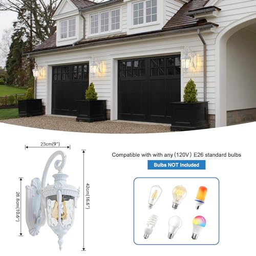 Outdoor Wall Lights, Waterproof Aluminum Porch Wall Light for Outside House, Patio, Yard, Garden, White Gooseneck Exterior Wall Sconce, Hardwired Outdoor Acorn Shape Lantern Lamp, Water Ripple Glass