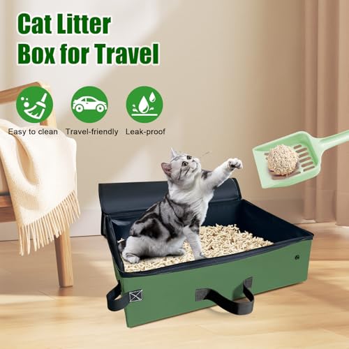 Image of Large Portable Cat Travel Litter Box, 20x14x6.5 Inches with Zipped Lid & 10 Liners, Leak-Proof, Lightweight, Sturdy & Waterproof and Foldable for Hotels, Car, & Camping