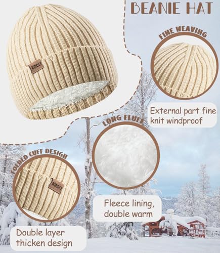 Image of Womens Beanie Hat Scarf Gloves Set 3PCS,Fleece Lined Winter Skull Cap Thick Knit Scarf Anti-slip Touchscreen Gloves Unisex