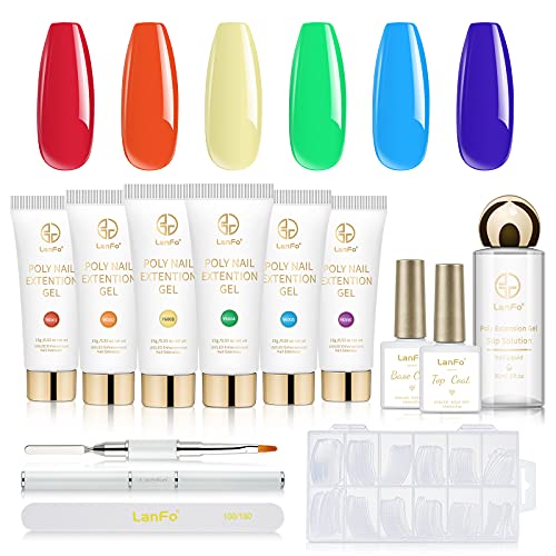 Poly Nail Gel Kit, LanFo 6 Colors Nail Extension Gel Kit Nail Builder Gel Enhancement Professional Acrylic Fashion Gel Set Poly Extension Gel with 30ml Slip Solution Nail Art Equipment Beginner Set