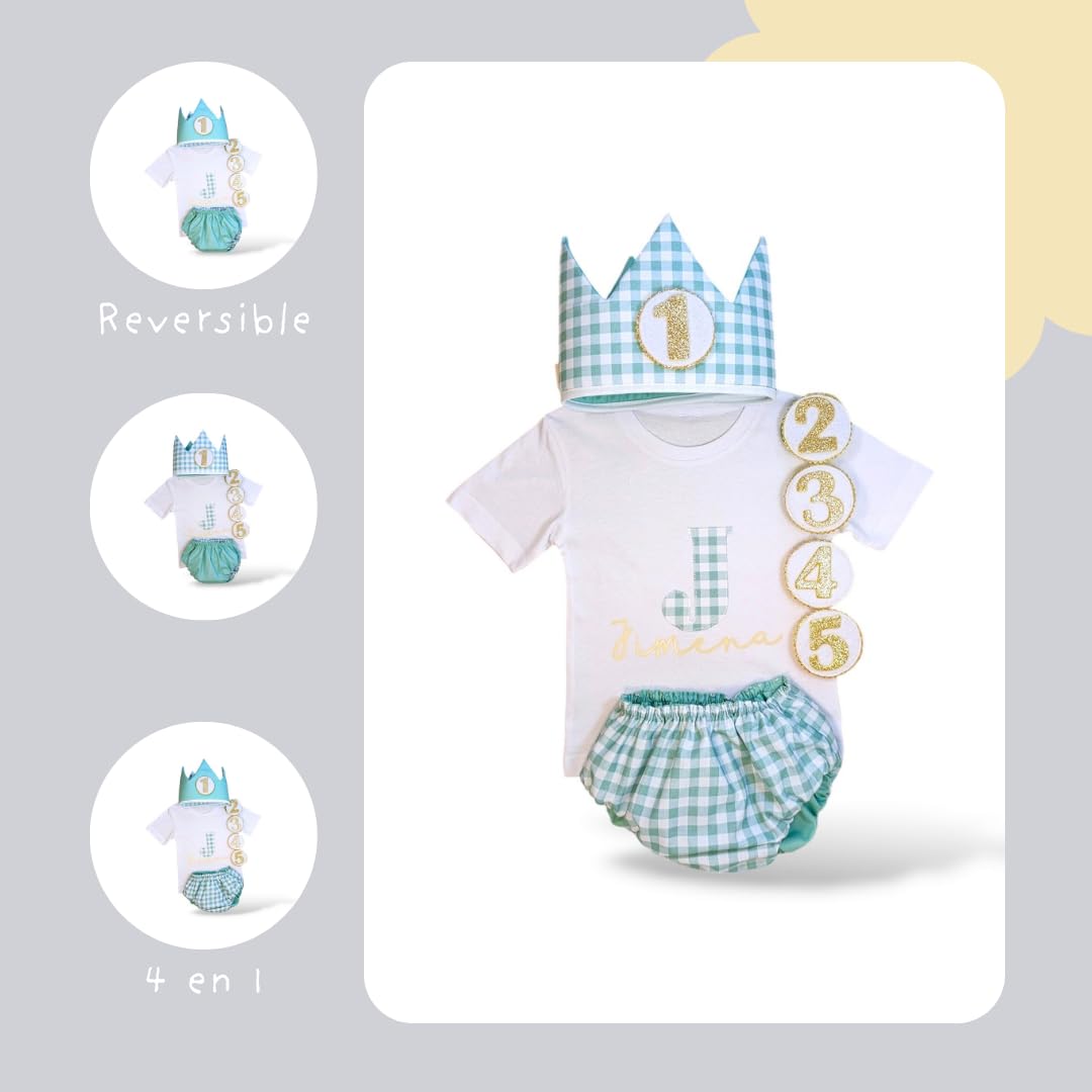 Conjunto Cumpleaños 1 año Personalizado - Camiseta con nombre Bebé - Regalo primer cumpleaños - Smash Cake - Corona cumpleaños (Vichy Rosa)