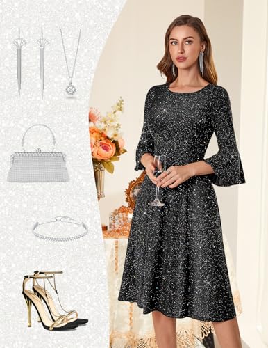 Image of HomRain Women's Church Dresses Modest Bell Sleeve Wedding Guest Cocktail Tea Party Vintage Evening Dress
