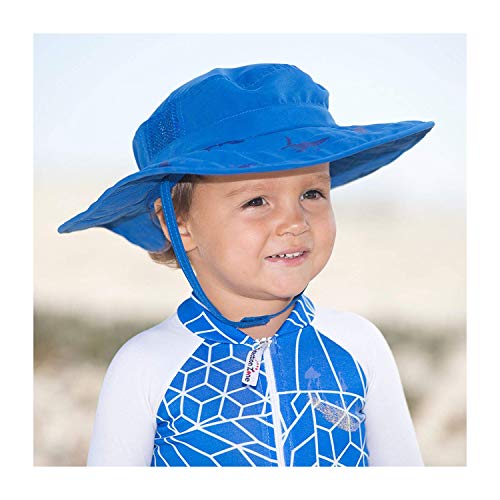 Sun Protection Zone Kids UPF 50+ Safari Sun Hat, Blue Sharks, Uv Sun Protective, Lightweight, Straps, One Size