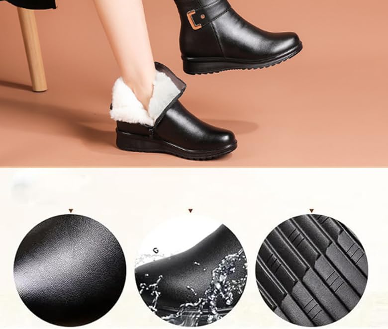 Women's Metal Buckle Genuine Leather Wool Orthopedic Boots,Winter Warm Slip On Fur Lined Snow Boots with Side Zipper2