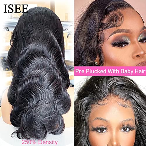 Image of ISEE Hair Transparent Body Wave Lace Front Wigs Human Hair 14 Inch 13x4 Lace Frontal Human Hair Wigs Pre Plucked for Black Women 250% Density Body Wave Wig with Baby Hair Natural Color