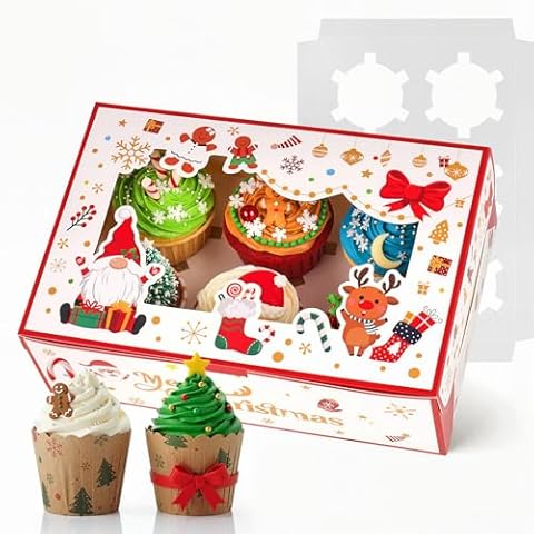 HONEYGIFTS 6PCS White Christmas Cupcake Boxes, Cookie Carrier with Insert and Window Holding 6 Cupcakes Bakery Boxes for Macarons Pies Muffins 9.5"x6.3"x3" Cover