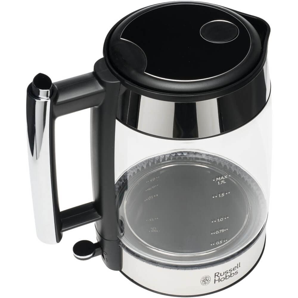 Russell Hobbs Hervidor de Agua Eléctrico Elegance - 1,7 litros, 2200W, Diseño de Cristal, Iluminación Azul, Filtro Extraíble, Base de 360°, Detalles en Acero Inoxidable, Plata - 23830-70