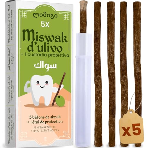 MODOGO® Miswak D'olivo x5 - Spazzolino Naturale per Denti - Bastoncini Sbiancanti Ecologici - Cura Dentale Tradizionale Araba - Pulizia Profonda e Freschezza Naturale