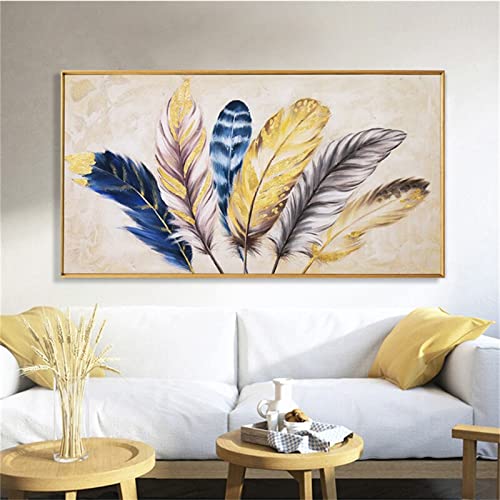 Broderie diamant 5D plume dorée 50x100cm grand format pour décoration salon