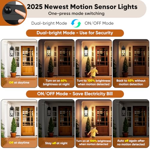 Image of BesLowe 2-Pack 17.5 inch Upgraded Motion Sensor Outdoor Wall Lights, Black | Auto ON /OFF, 3 Lighting Modes, Waterproof, Rust-Resistant, Durable Metal with Clear Glass, Dual E12 Sockets, Easy to Install