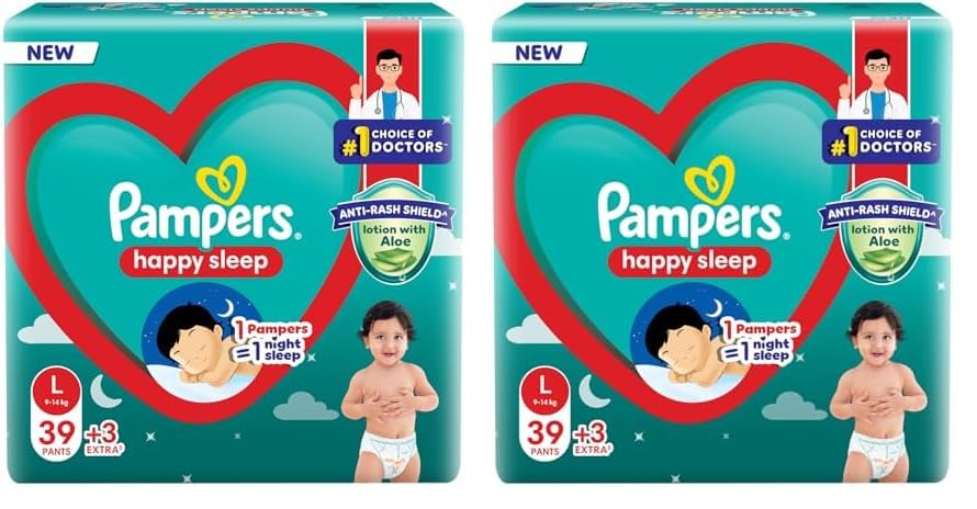 Image of Pampers Happy Sleep Pant Style Baby Diapers, Large (L), 42 Count, 1 Pampers : 1 Night Sleep, with Anti Rash Shield, 9-14 Kg Diapers (Pack of 2)
