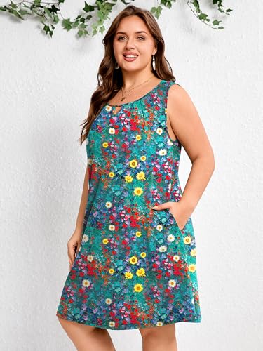 Image of AusLook Plus Size Summer Midi Dress for Women Sleeveless Casual A Line Swing Dress with Pockets Keyhole Neck Beach 1X-5X