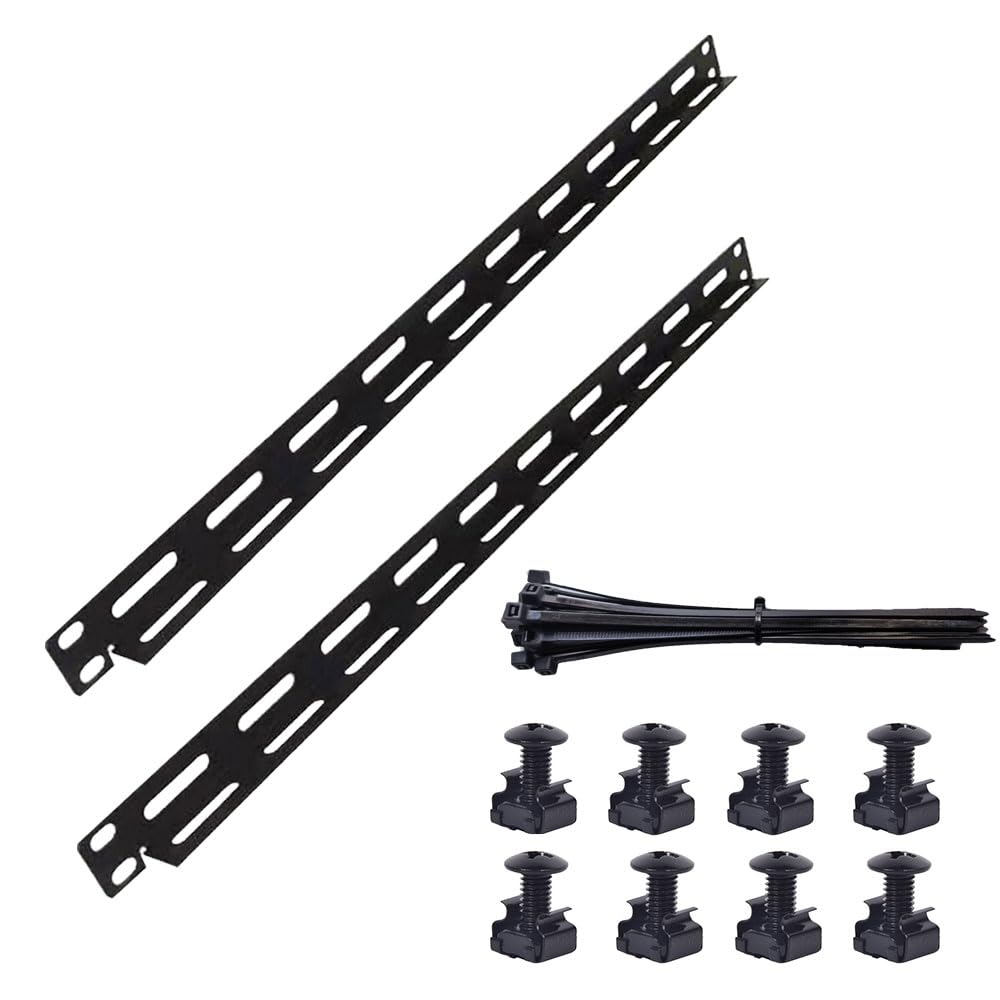 2pcs 0.5U Rack Horizontal Mountable Cable Lacing L Bar, 19-inch Standard Cabinet,8 Cage Nuts & 8Screws Black,20pcs Cable Ties, fit for Open Frame Enclosure Network Cabinet Mount Wire Management