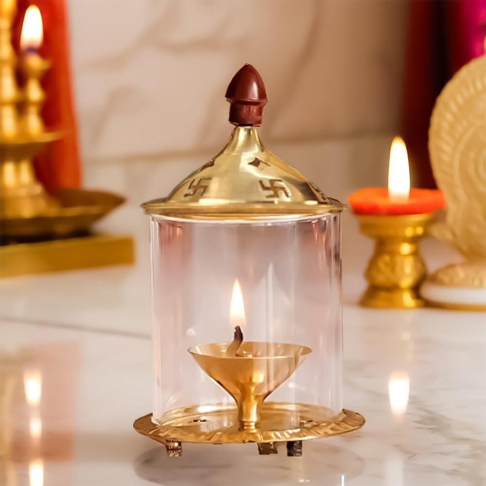 Heaven Decor Brass and Glass akhand deep Diya with Cover for Puja | Deepam Jyot Diya Oil Lamp | Pooja Articles and Pooja Items for Home Temple 4.8 inch