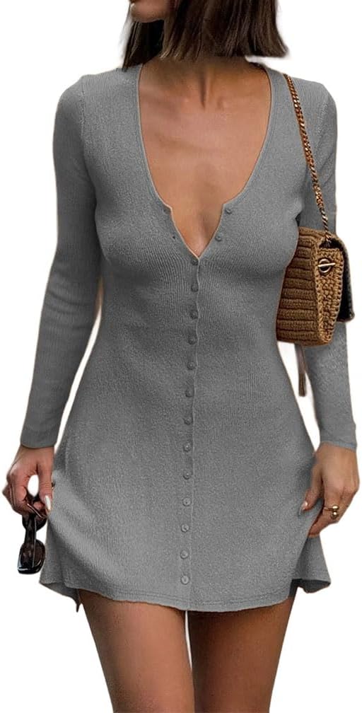 GCZREN Women Sexy Deep V Neck Button Front Knit Mini Dress Elegant Long Sleeve Ribbed Flowy Hem A-Line Short Dresses