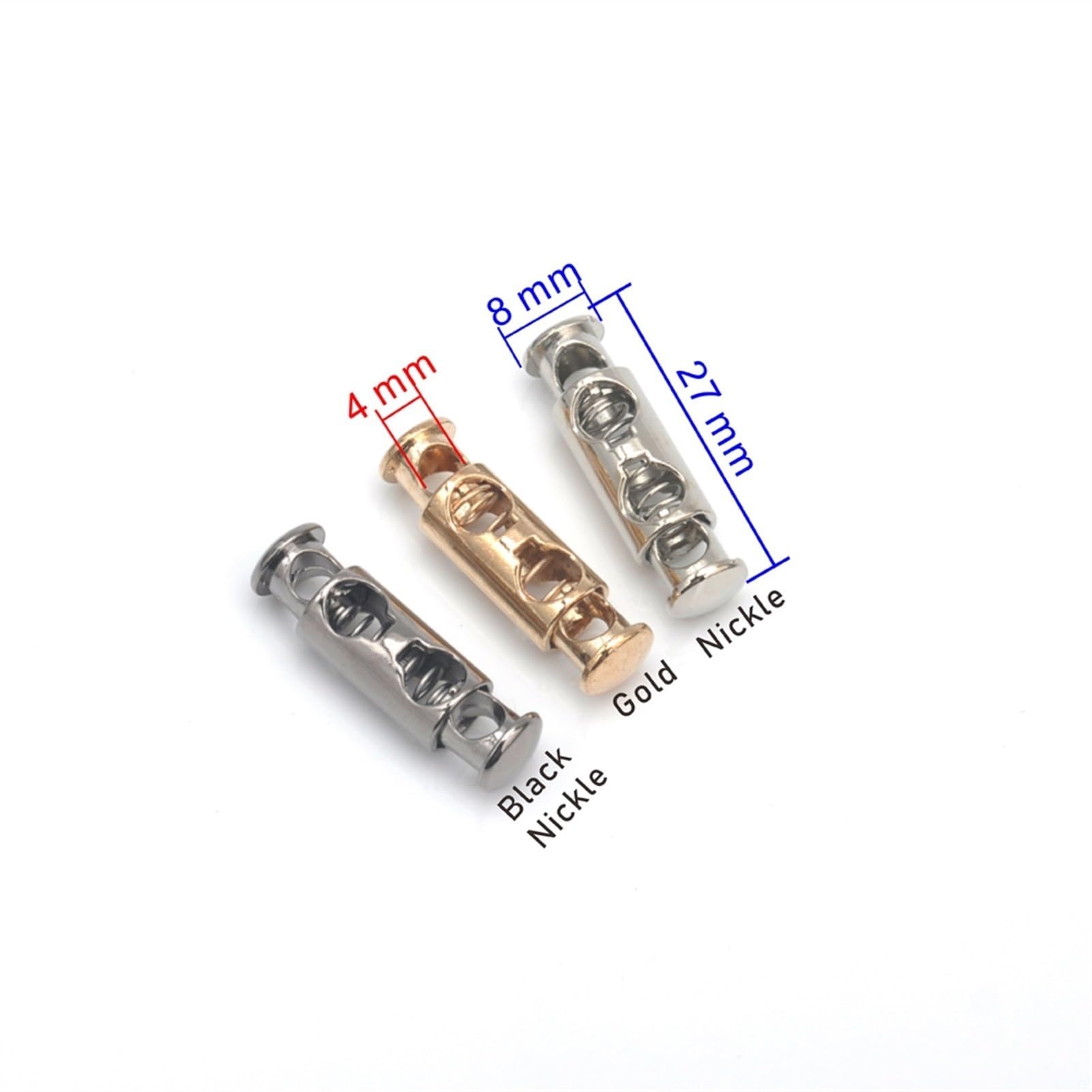 Zamki sprężynowe, 30 sztuk/partia 3 kolory Stopery metali Stopery przełączające Zamki sznurkowe Blokada sznurkiem Dwa otwory na sznurek 4 mm Nikiel, czarny, złoty (kolor: złoty)(Black Nickel)