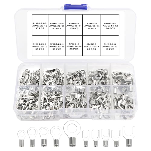 YIXISI 320 PCS M3/M4/M5/M6 Non-Insulated Ring Fork Terminals Kit - Ring Lug Crimp Cable Connectors, Tin Plated Copper Terminals, AWG 22-16 16-14 14-12