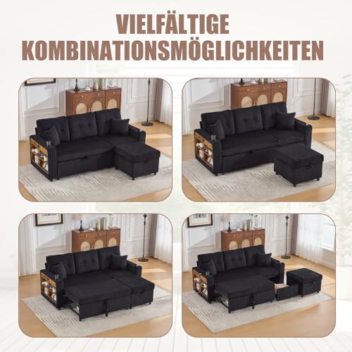 Canapé 3 Places Velours Noir USB-C Modulable KOMHTOM