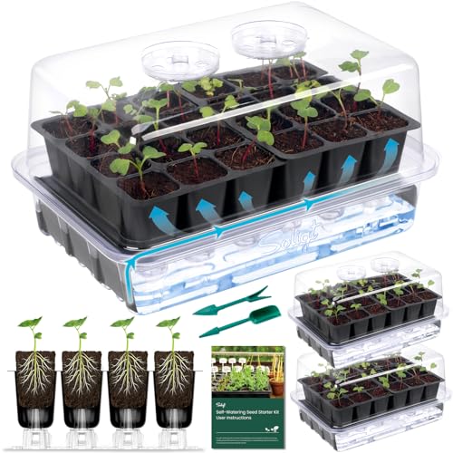 SOLIGT Self Watering Seed Starter Trays with Humidity Domes Extra Thick Plastic Seed Starter kit for Seed Starting Plant Germination & Seedling Growing 3 Pack 72 Cells