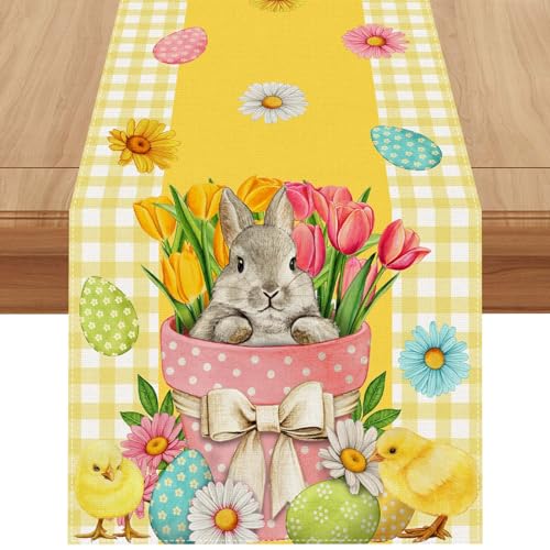Linen-Yellow-and-White-Buffalo-Check-Plaid-Easter-Table-Runner-72-Inches-Long-Easter-Egg-Bunny-Chick-Daisy-Tulip-Floral-Table-Decor-Spring-Summer-Easter-Home-Kitchen-Dining-Room-Table-Decorations Linen Yellow and White Buffalo Check Plaid Easter Table Runner 72 Inches Long Easter Egg Bunny Chick Daisy Tulip Floral Table Decor Spring Summer Easter Home Kitchen Dining Room Table Decorations